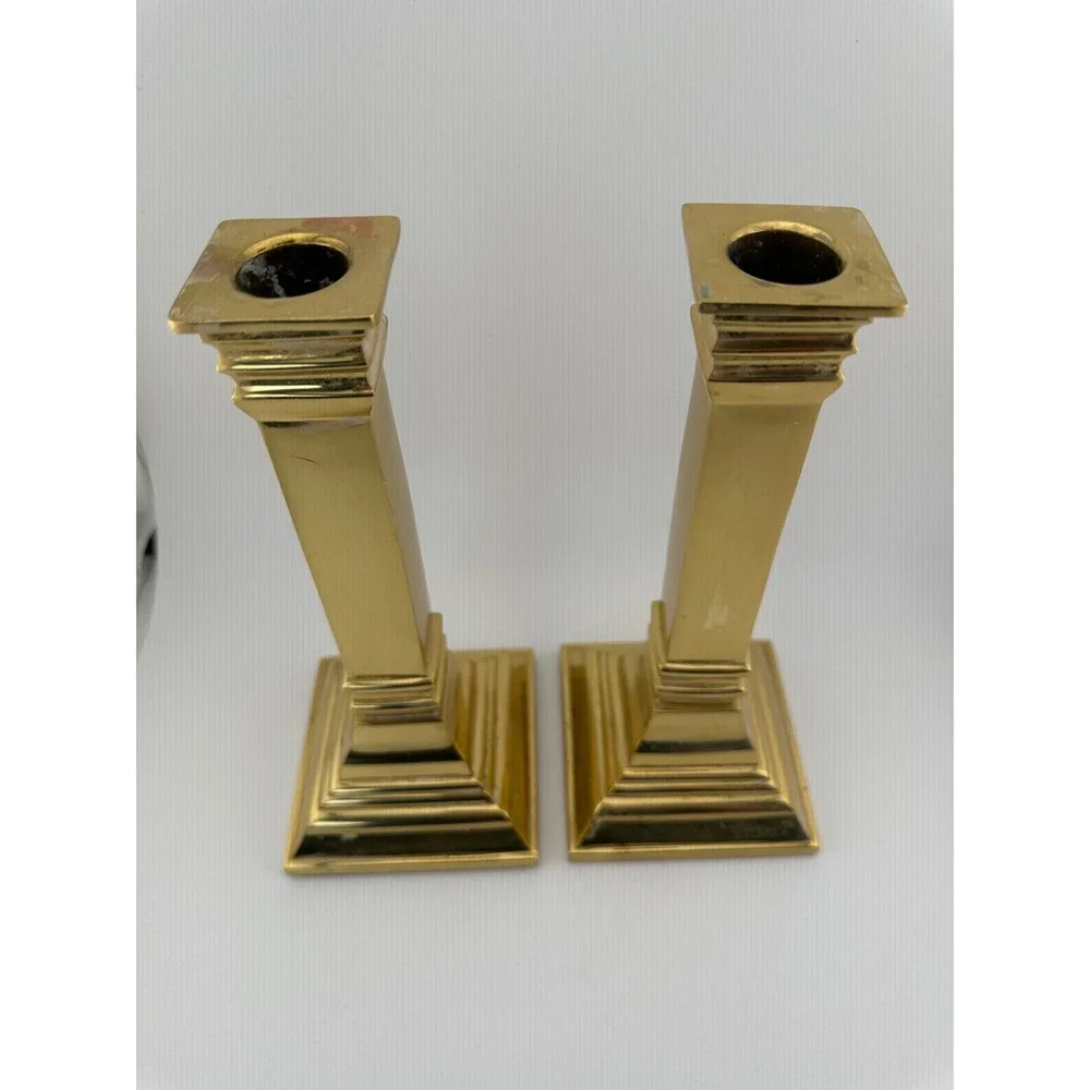 Jefferson Brass 8 Inch Heavy Polished Brass Candlesticks Pair Square Base Set 2